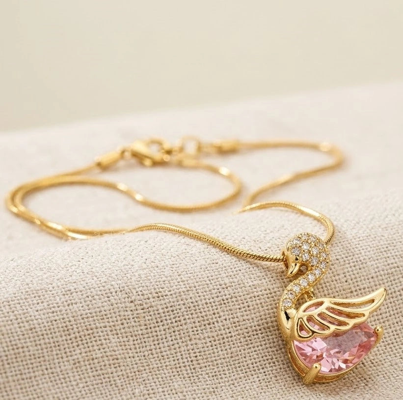 Pink Crystal Swan Pendant Necklace | Anti-Tarnish Gold Plated