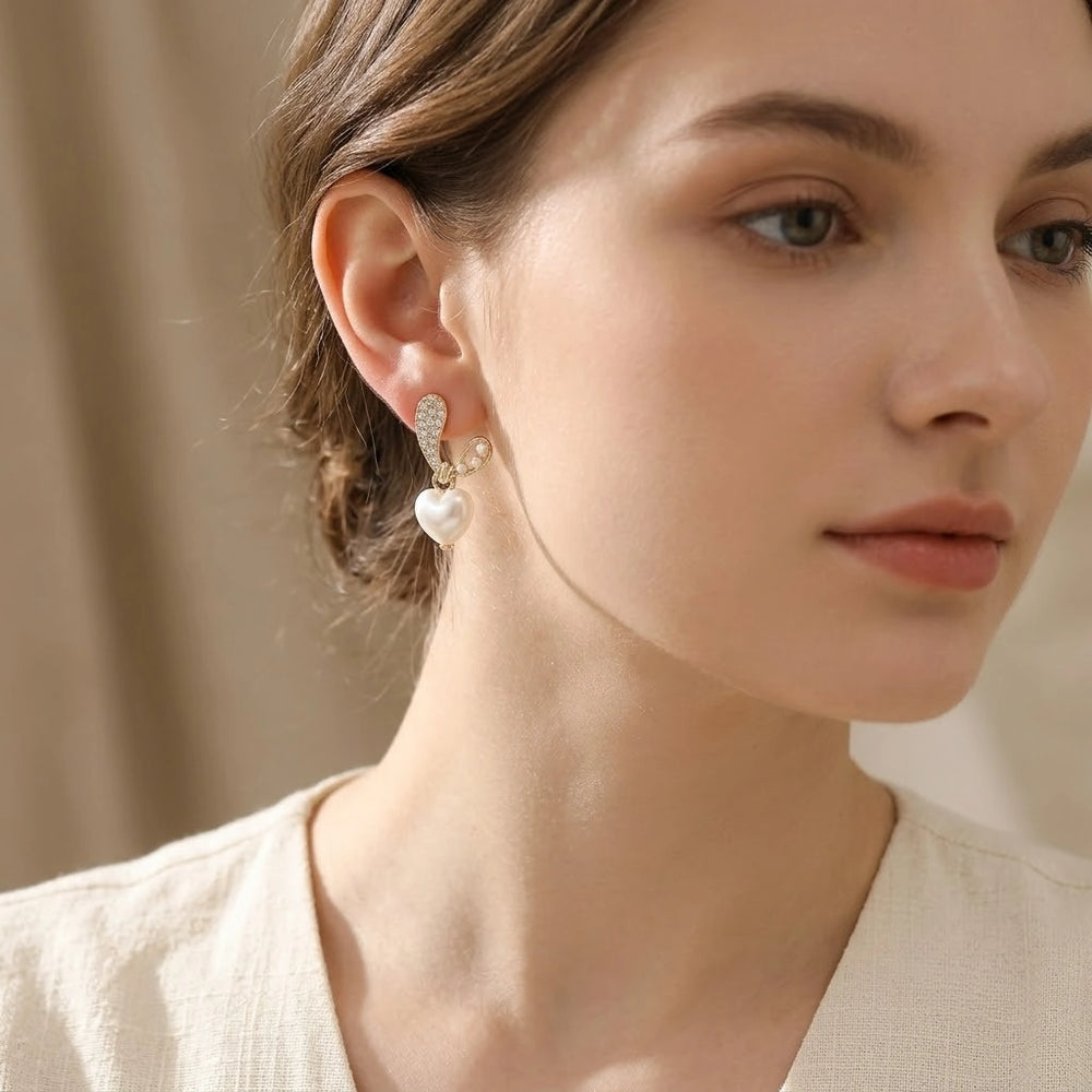 Korean Heart Pearl Drop Earrings - Dainty Gold CZ Fashion Earrings | Moncheri