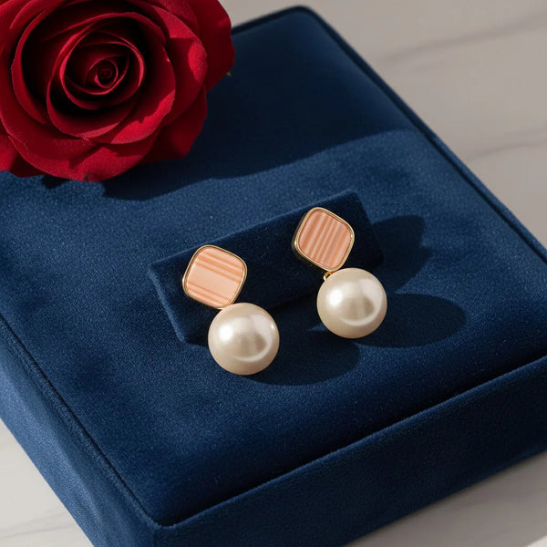 Korean Style Geometric Pearl Drop Earrings – Peach Resin & Gold-Tone Fashion Jewellery for Women