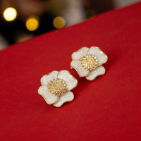 White Enamel Flower Stud Earrings | Korean Style Floral Statement | Fashion Jewelry for Women
