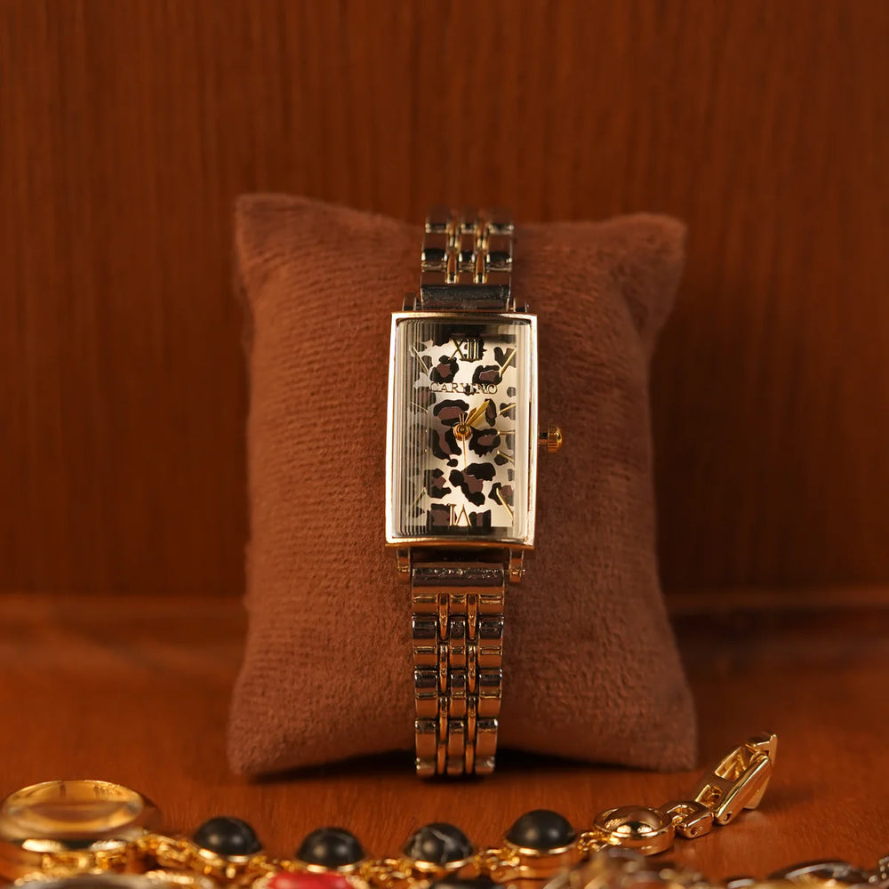 Leopard Print Dial Rectangular Analog Wristwatch - Anti-Tarnish Gold Plated