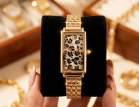 Leopard Print Dial Rectangular Analog Wristwatch - Anti-Tarnish Gold Plated