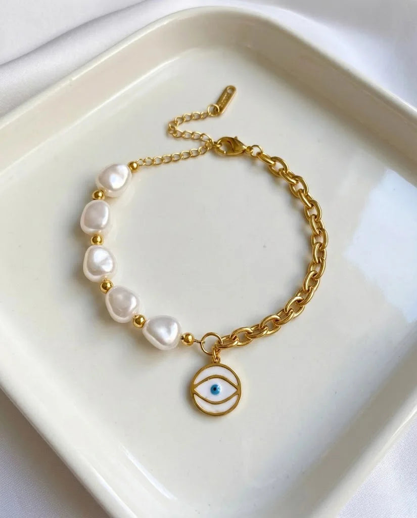 Evil Eye Pearl Bracelet - Anti Tarnish Gold Plated Korean Style Chain for Women