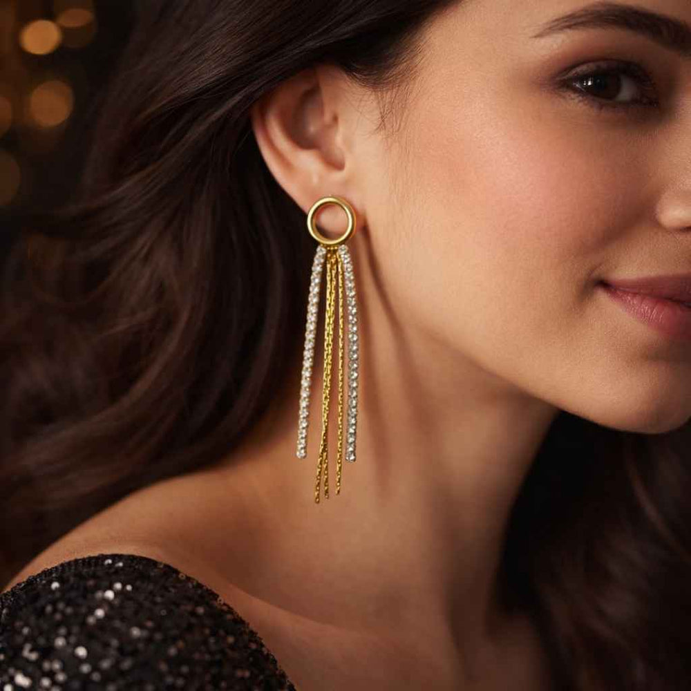 Anti-Tarnish Gold Plated Crystal Fringe Drop Earrings | Waterproof Stainless Steel Party Wear Jewellery