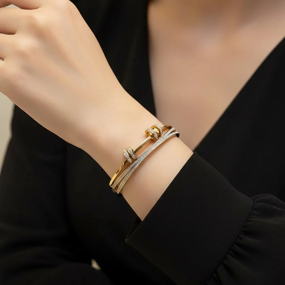 Moncheri "It Girl" Golden Stack | Clover Charm & Crystal Roller Bangle Combo
