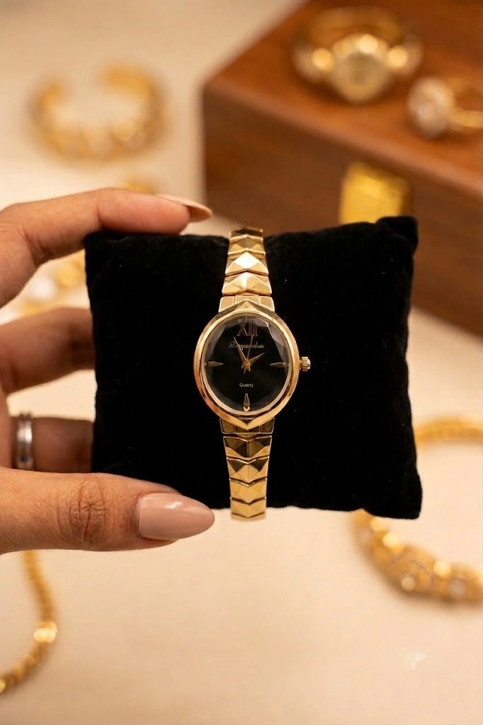 MonCheri Minimalist Gold Plated Analog Watch for Women – Sleek Black Dial