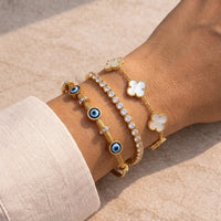 Anti-Tarnish Gold Plated 3-Piece Bracelet Stack | Evil Eye, Clover & Tennis | Old Money Aesthetic
