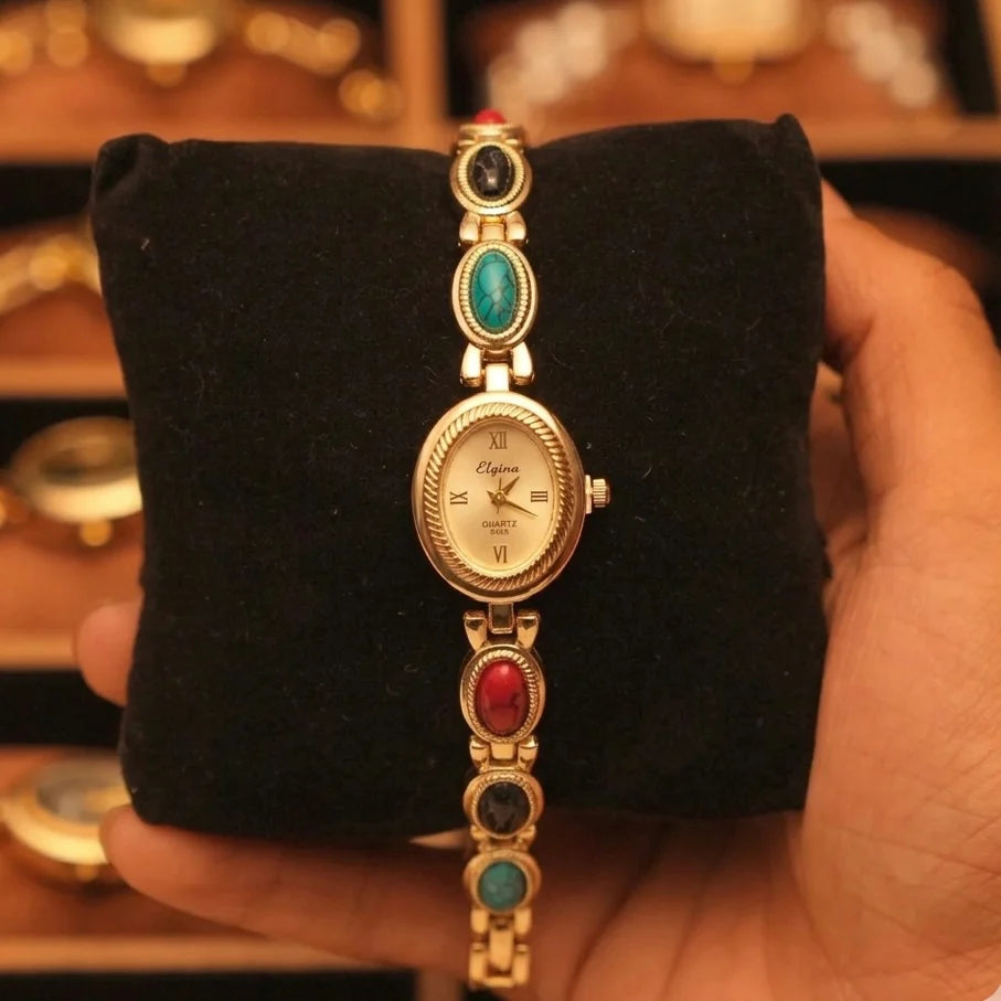 Moncheri Oval Dial Multi-Color Stone Bracelet Watch - Anti-Tarnish Gold Plated