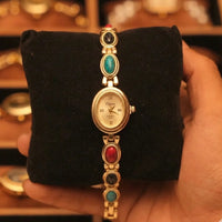 Moncheri Oval Dial Multi-Color Stone Bracelet Watch - Anti-Tarnish Gold Plated