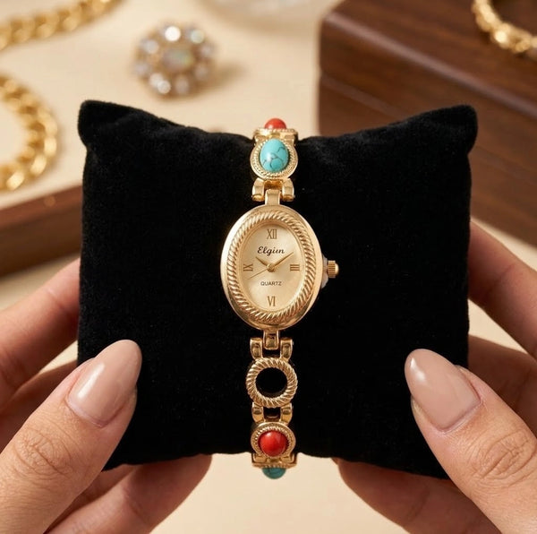 Moncheri oval dial anti-tarnish gold plated watch front view