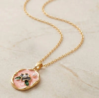 Pink Floral Enamel Pendant Necklace - Anti Tarnish Gold Plated