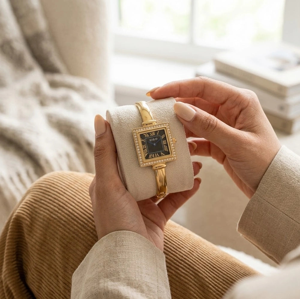 Vintage Square Dial Watch | Anti-Tarnish Gold Plated | Black Dial Bangle Watch