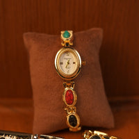 Moncheri Oval Dial Multi-Color Stone Bracelet Watch - Anti-Tarnish Gold Plated