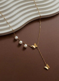 Butterfly & Pearl Lariat Necklace | Anti-Tarnish Gold Plated Y-Chain | Korean Style