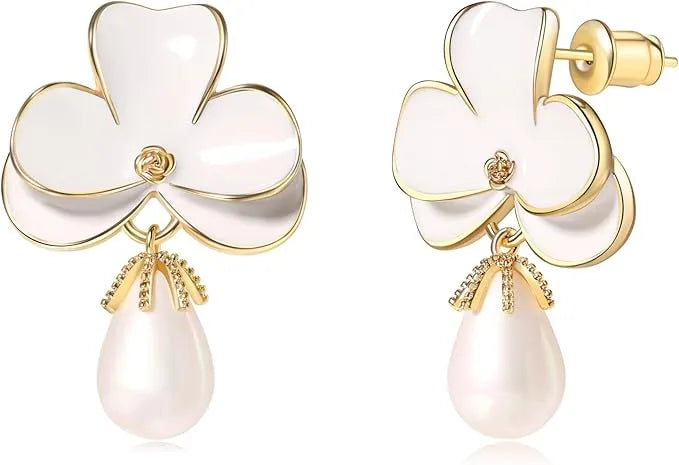 White Floral Pearl Drop Earrings – Elegant Gold-Tone Fashion Jewelry for Women