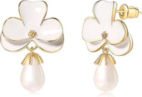 White Floral Pearl Drop Earrings – Elegant Gold-Tone Fashion Jewelry for Women