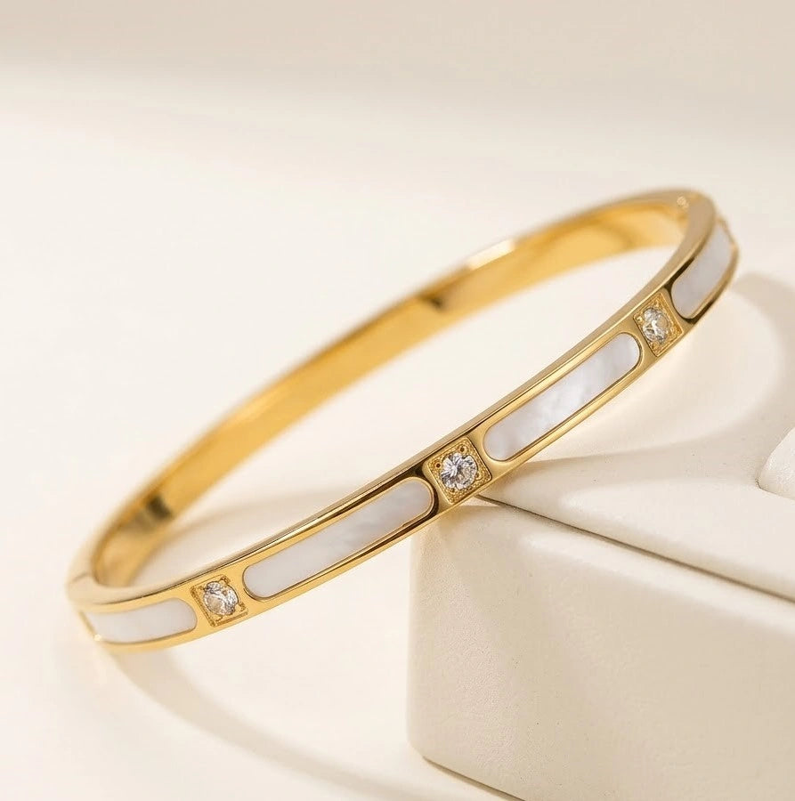 Mother of Pearl Inlay Bangle - Anti-Tarnish Gold Plated Bracelet for Women