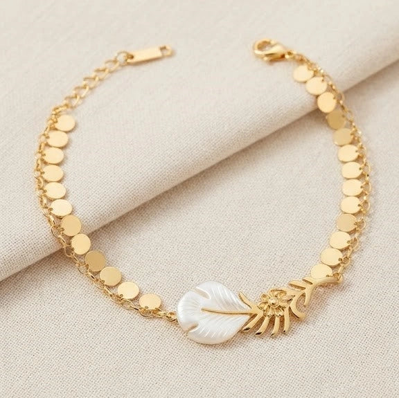 Gold Plated Layered Pearl Leaf Charm Bracelet | Anti-Tarnish