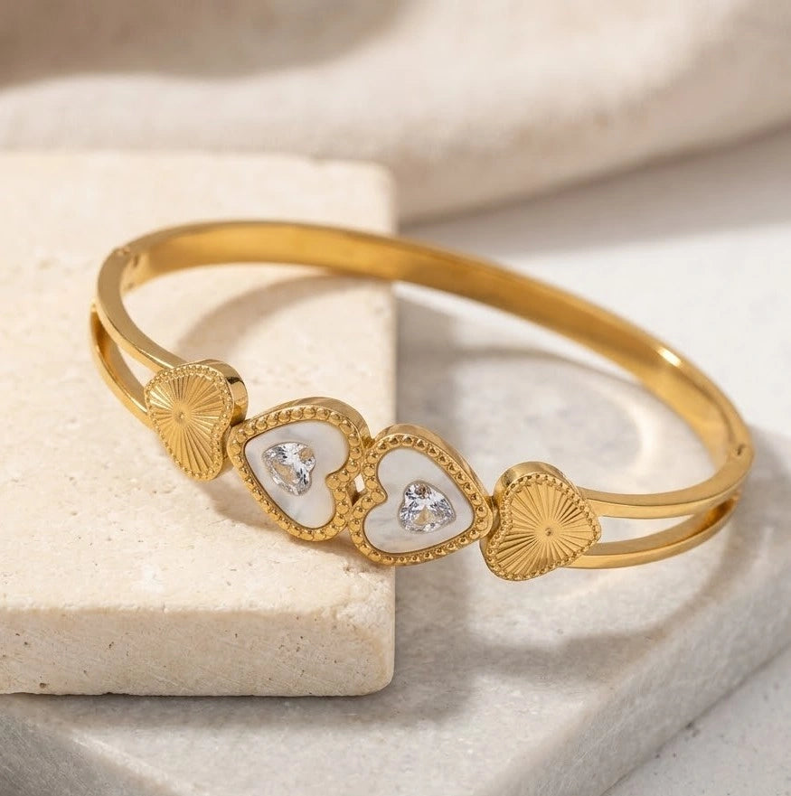 White Heart Motif Anti-Tarnish Bangle Bracelet