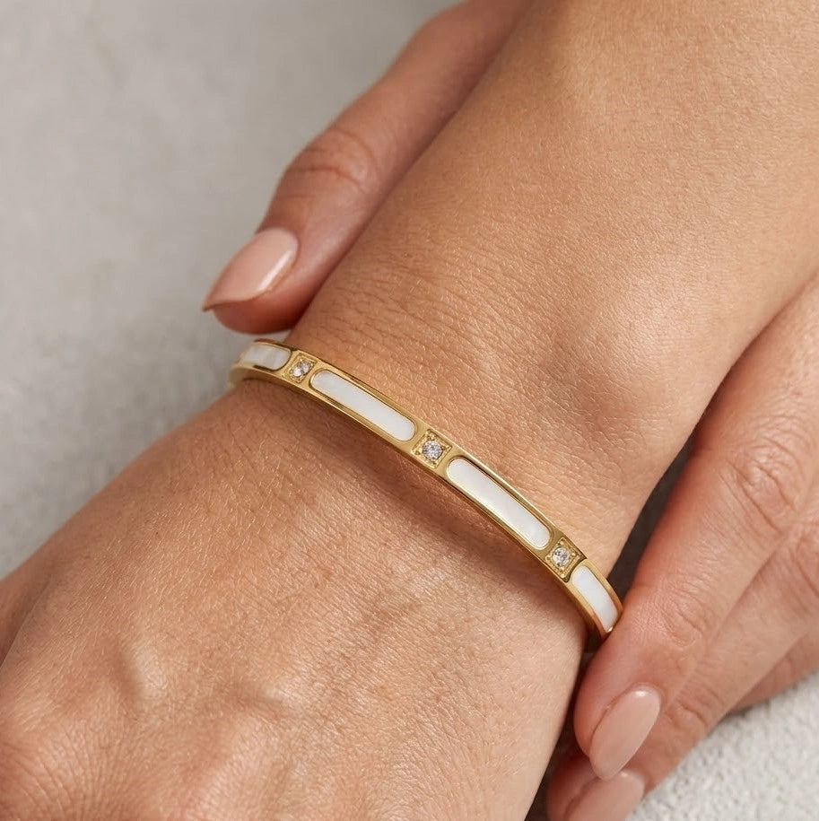 Mother of Pearl Inlay Bangle - Anti-Tarnish Gold Plated Bracelet for Women