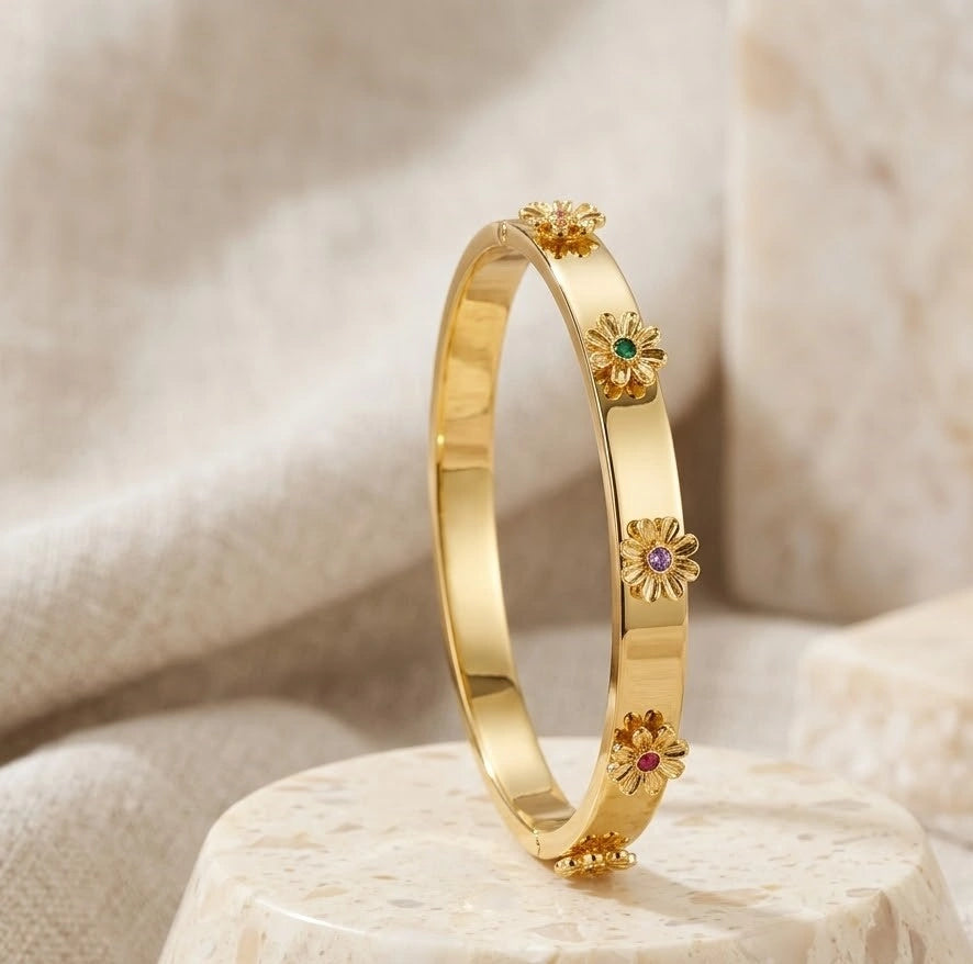 Multi-Color Flower Anti-Tarnish Gold Plated Bangle Bracelet
