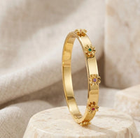Multi-Color Flower Anti-Tarnish Gold Plated Bangle Bracelet