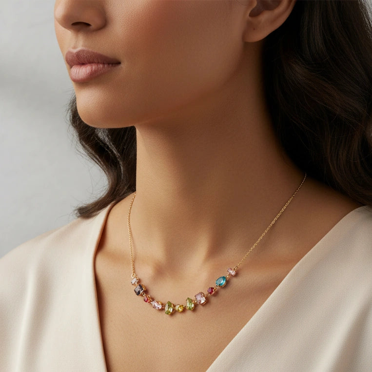 Multi-Color Stone Anti Tarnish Gold Plated Necklace | Delicate Fashion Jewelry