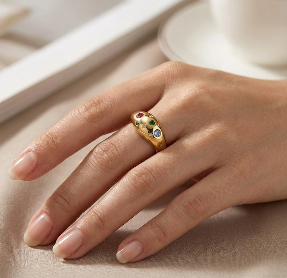 Multi-Color Stone Chunky Dome Ring | Anti-Tarnish Gold Plated