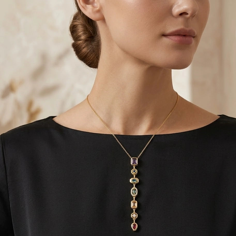 Multi-Stone Linear Drop Necklace | Anti-Tarnish Gold Plated | Moncheri Jewels