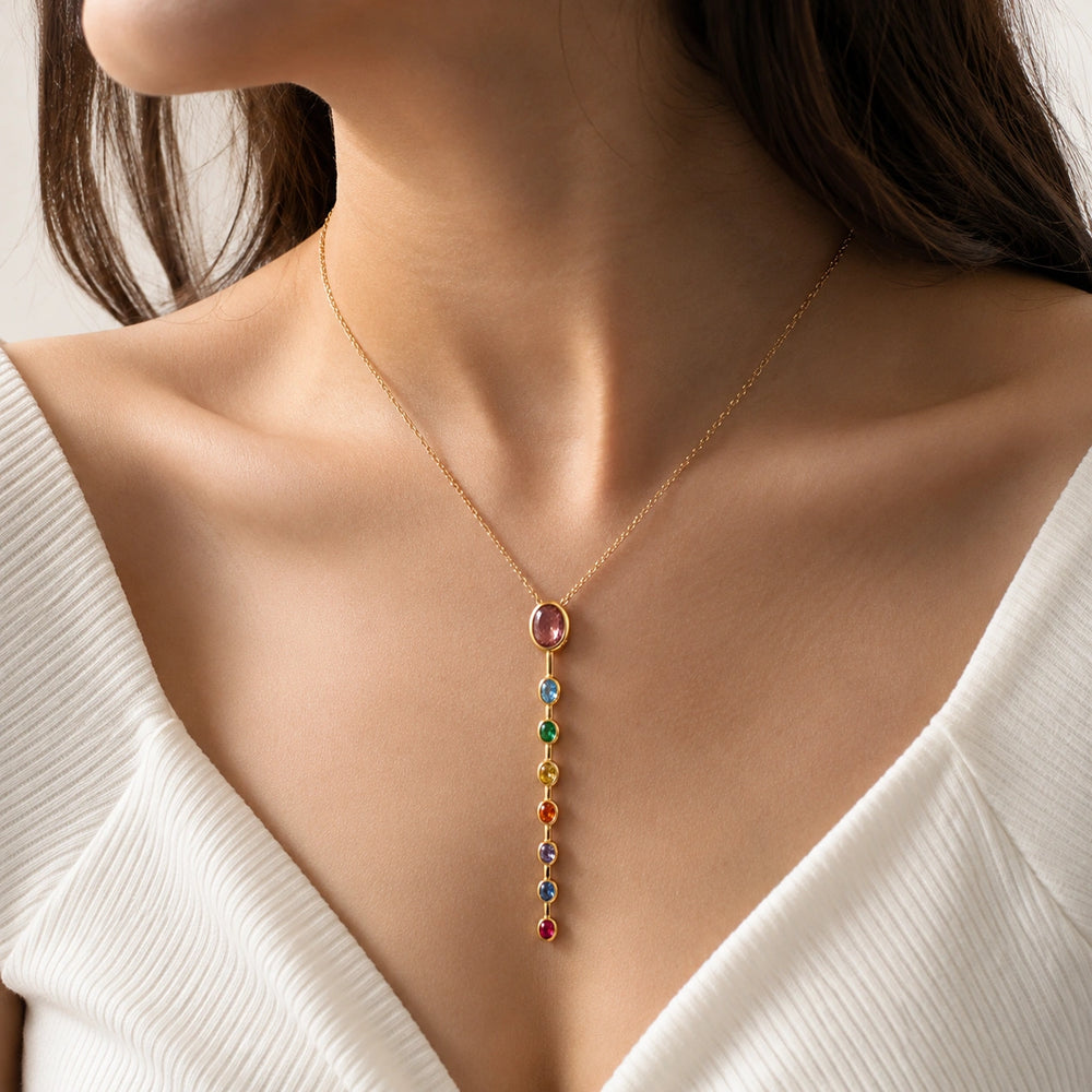 Multi-Color Crystal Drop Necklace - Anti Tarnish Gold Plated