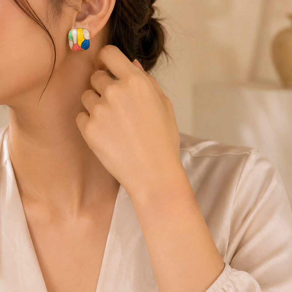 Colorful Mosaic Enamel Square Stud Earrings | Gold Plated Quirky Jewelry