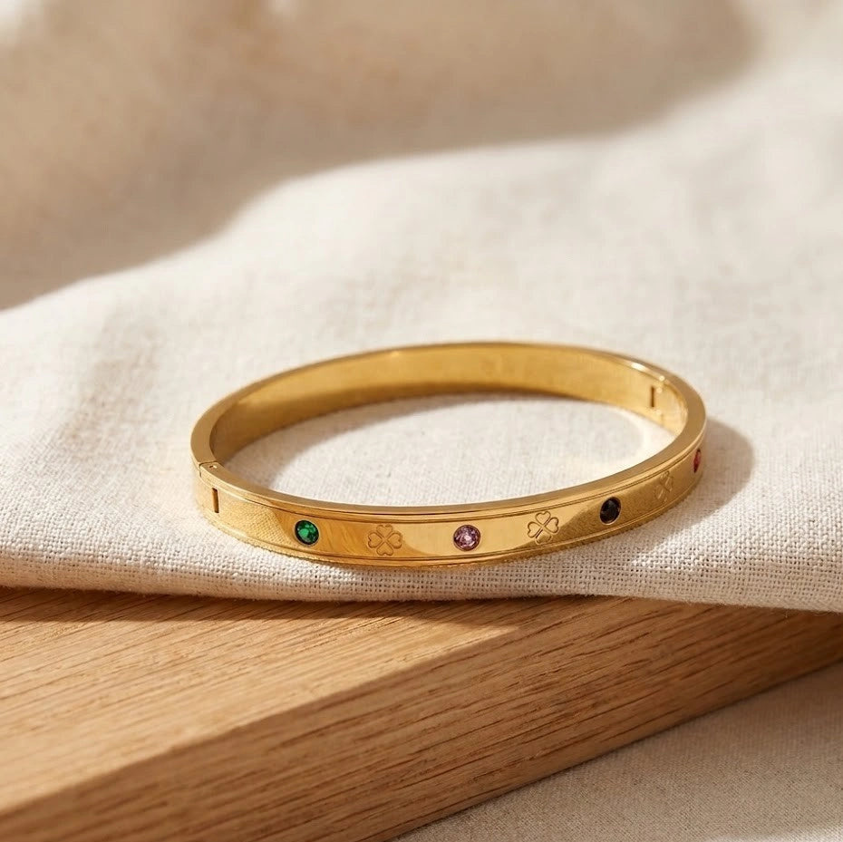 Multicolor Stone Anti-Tarnish Gold-Plated Bangle Bracelet