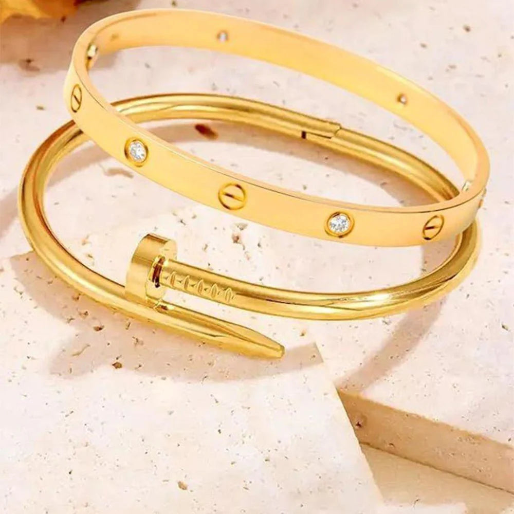 Nail & Screw Design Crystal Bangle Combo (Set of 2) - Anti-Tarnish Gold Plated
