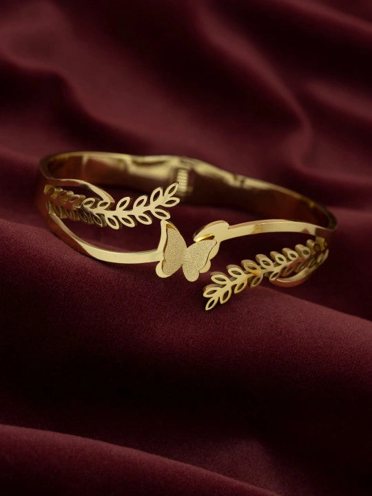 Anti-Tarnish Gold-Plated Butterfly & Leaf Cuff Bracelet for Women