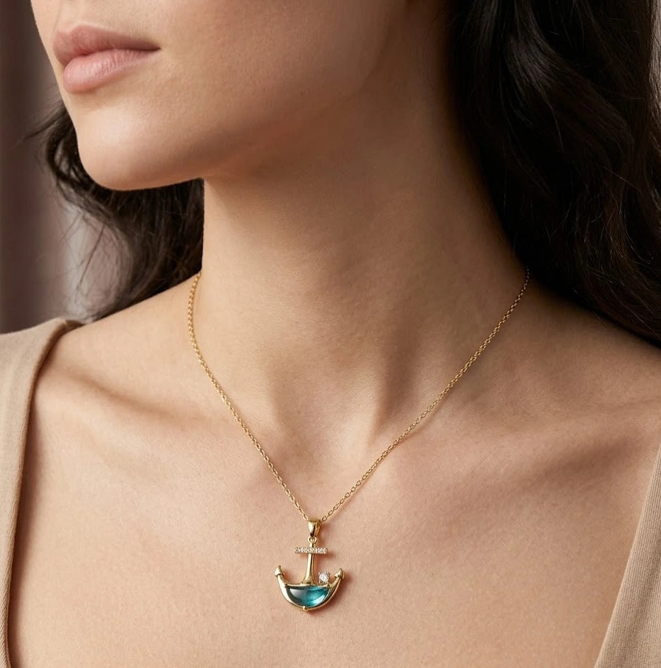 Nautical Anchor Blue Crystal Pendant Necklace - Anti Tarnish