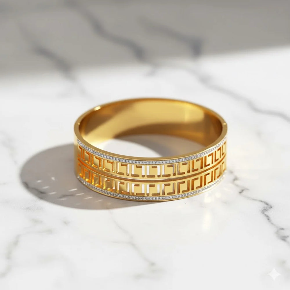 Greek Key Pattern Gold Plated Bangle - Anti-Tarnish Crystal Studded Geometric Cuff Bracelet