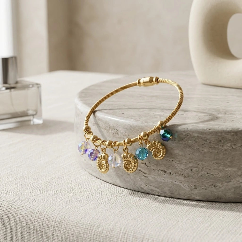 Ocean Shell Anti Tarnish Gold Plated Charm Bracelet for Women | Korean Style Crystal Bangle