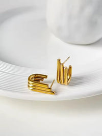 Triple Layered U-Shape Anti Tarnish Gold Plated Stud Earrings