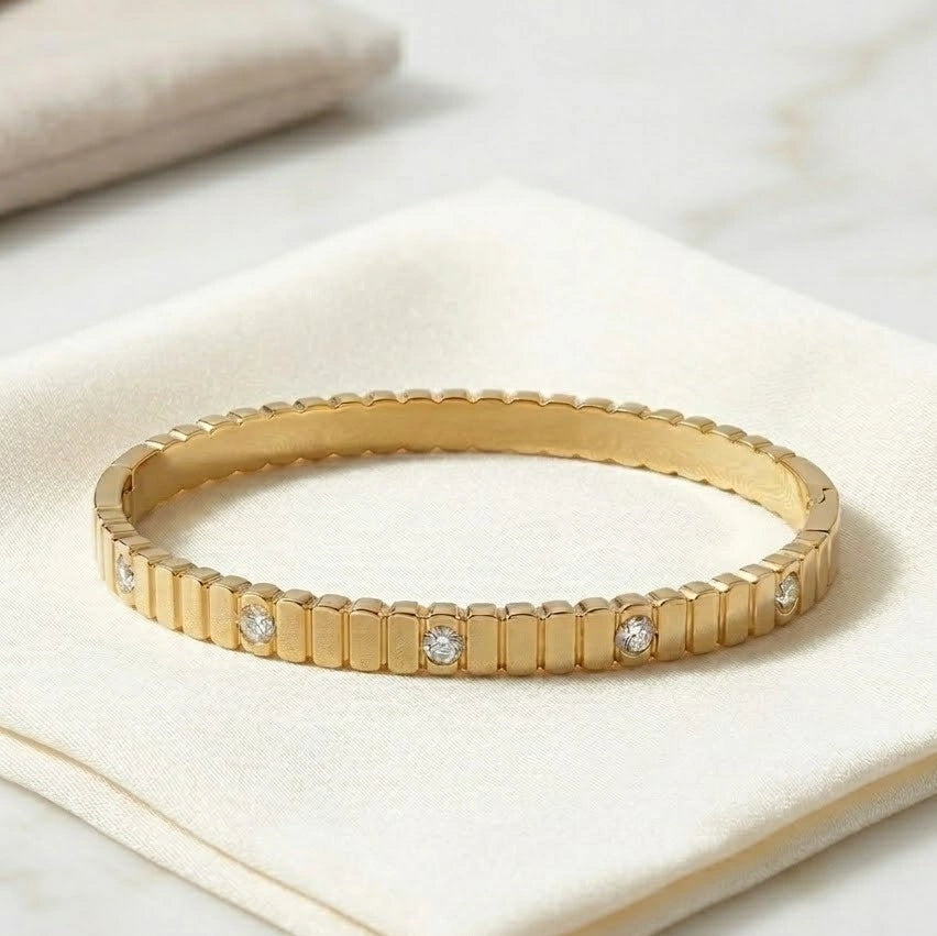Ribbed Stone-Studded Anti-Tarnish Gold Plated Bracelet for Women