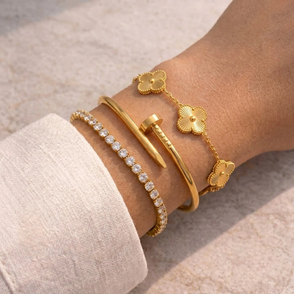 Old Money 3-Piece Bracelet Stack - Anti-Tarnish Gold Plated Clover, Nail & Tennis Set