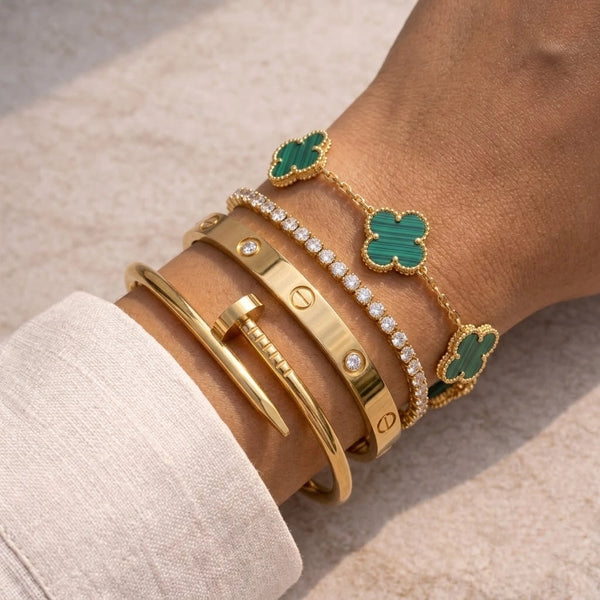 Old Money 4-Piece Bracelet Stack - Anti-Tarnish Gold Plated Green Clover & Nail Bangle Set