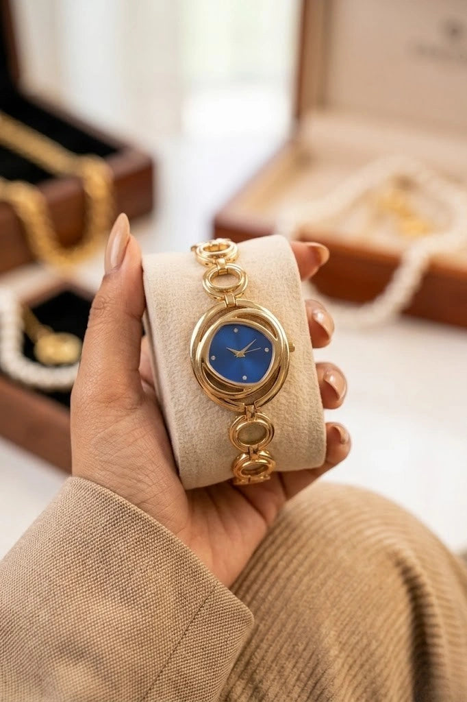 Premium Gold-Plated Abstract Blue Dial Watch for Women | Anti-Tarnish