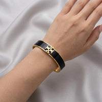 Black Enamel Geometric Cuff | Anti-Tarnish Gold-Plated Bracelet