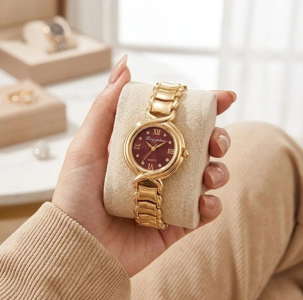 Elegant Maroon Dial Anti-Tarnish Gold Plated Women's Watch