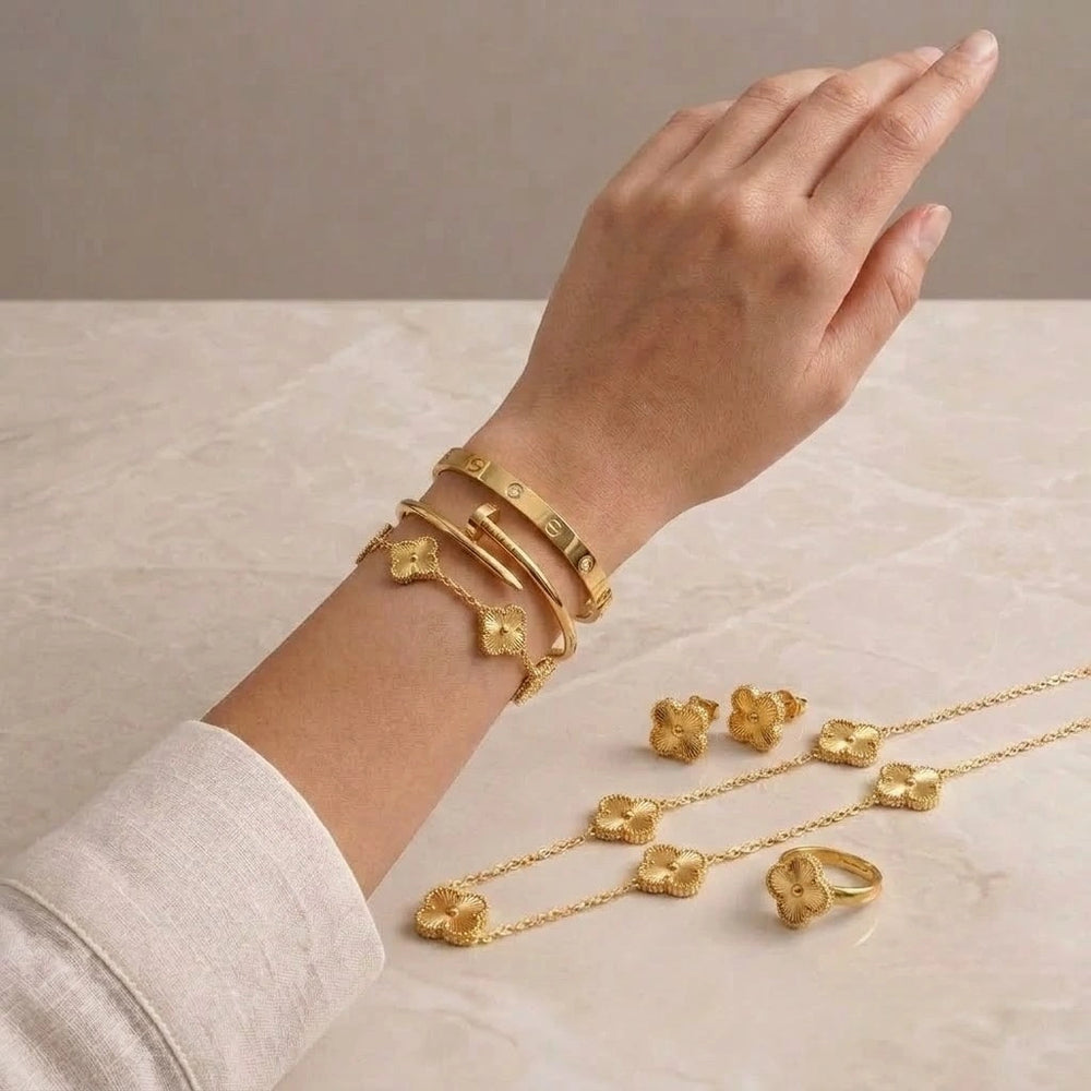 Anti-Tarnish Gold Plated Clover & Bangle Jewelry Set Combo (6-Pieces)