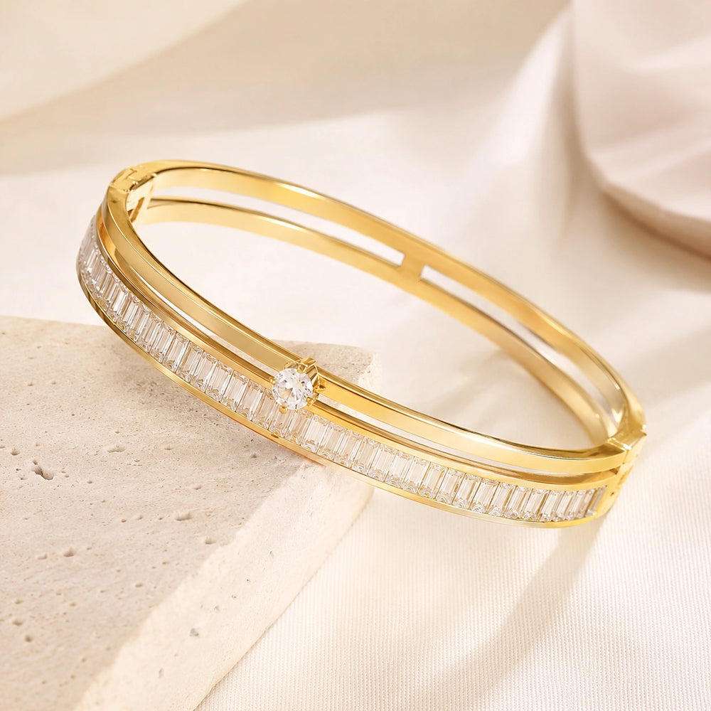 Baguette Crystal Gold Plated Bangle | Anti-Tarnish Minimalist Bracelet