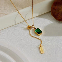 Emerald Green Gem Lariat Necklace - Anti-Tarnish Gold-Plated