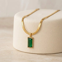 Emerald Green Rectangle Pendant Necklace - Anti Tarnish Gold Plated