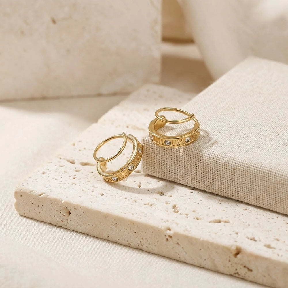 Roman Numeral Double Hoop Earrings - Anti Tarnish Gold Plated