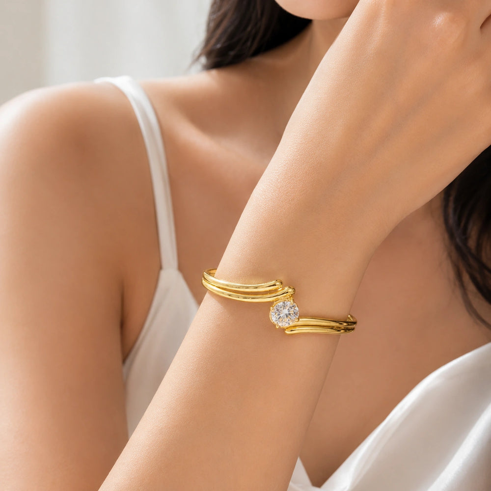 Anti-Tarnish Gold-Plated Solitaire Cuff Bracelet | Minimalist Open Bangle